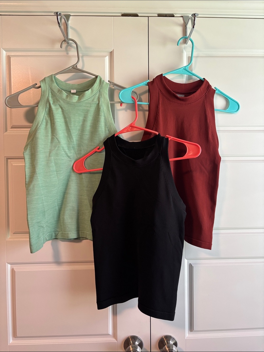 Athleta Renew Razor Back Tank Set in Mint, Black & Burgundy